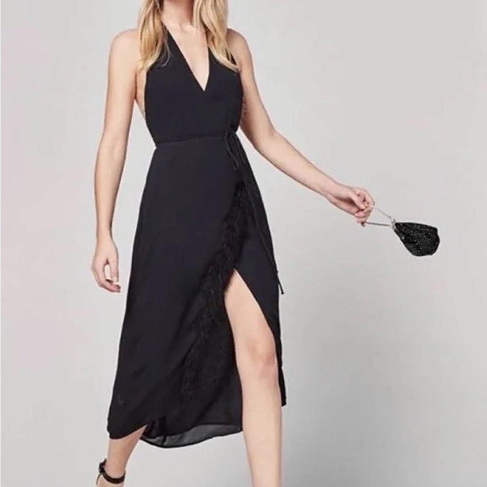 Reformation Black Wrap Maxi Dress w/ Feather Slit | Size 2